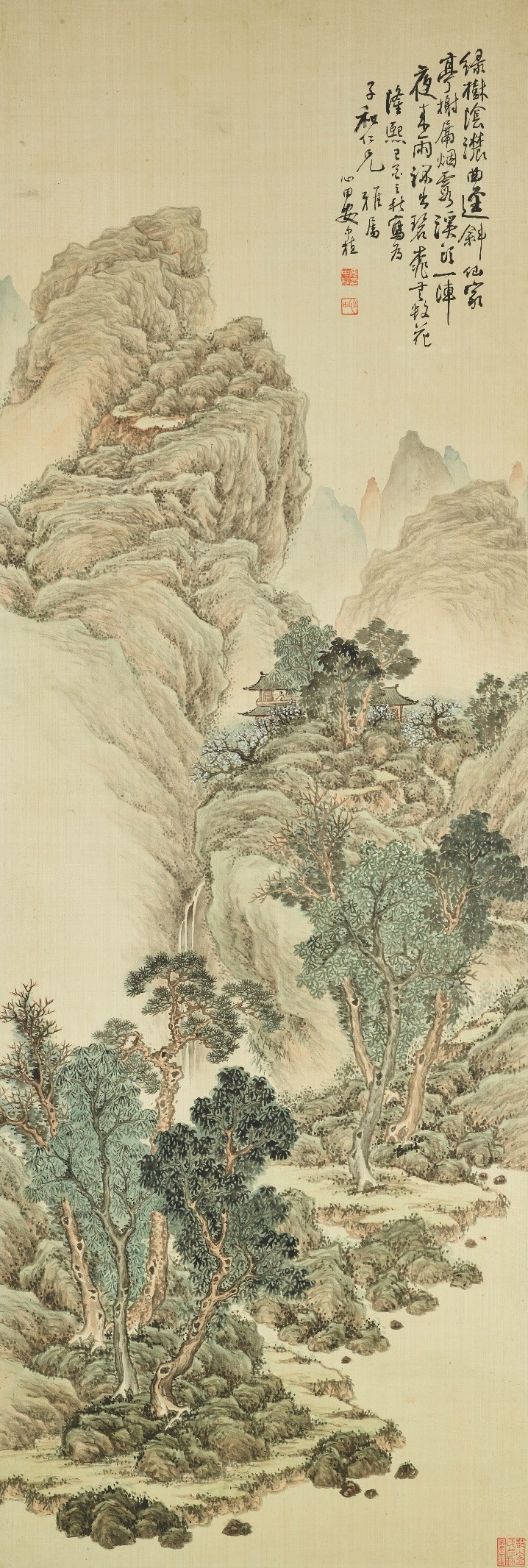 <h2>春景山水</h2><p>作者：安仲植</p><p>创作年代：1909年</p><p>规格：155cm×52.5cm</p><p>品类：绢本水墨设色</p>